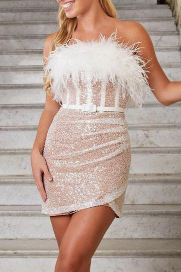 Woochic robe à plumes bustier taille haute enveloppante à sequins blanc S